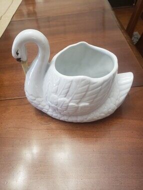 GLAZED CERAMIC White Swan Planter Dish Vase Shelf Decor 1991 Gerlings Greenhouse